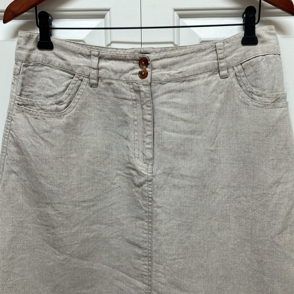 E•col•o•gie linen A-line neutral lightweight skirt, front fly, pockets, taupe